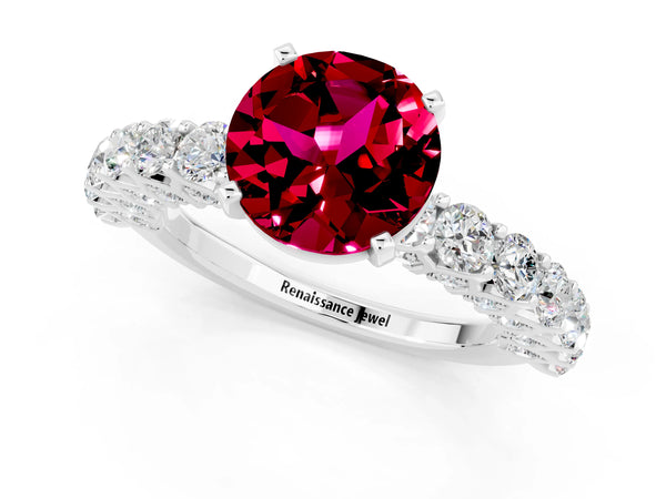Platinum Round Cut Garnet Solitaire Ring with Shared Prong Pavé Band and Four-Prong Setting