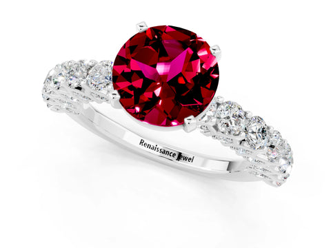 White gold Round Cut Garnet Solitaire Ring with Shared Prong Pavé Band and Four-Prong Setting_1