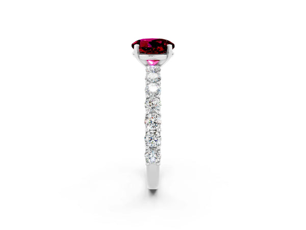 Platinum Round Cut Garnet Solitaire Ring with Shared Prong Pavé Band and Four-Prong Setting