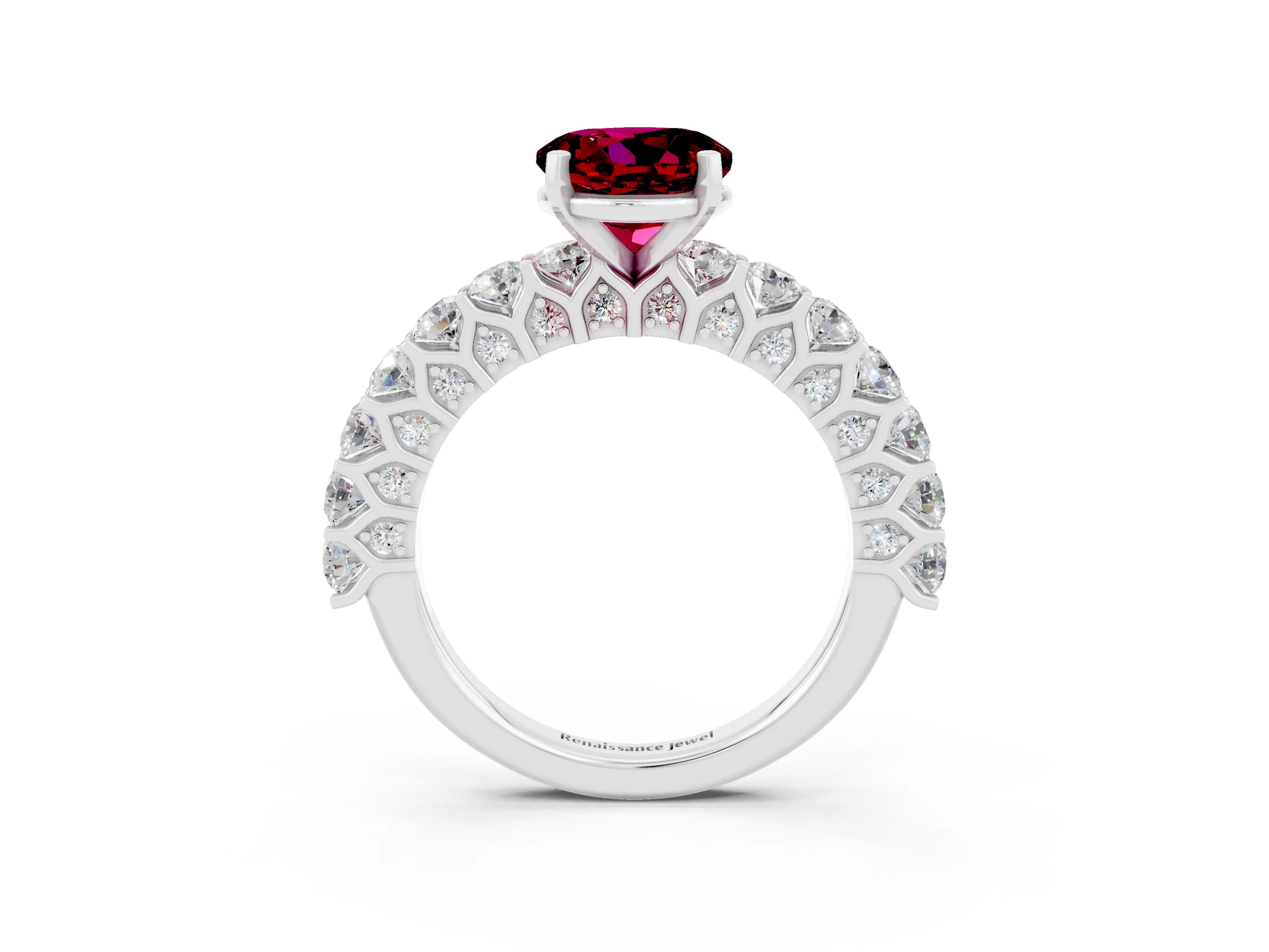 White gold Round Cut Garnet Solitaire Ring with Shared Prong Pavé Band and Four-Prong Setting_3