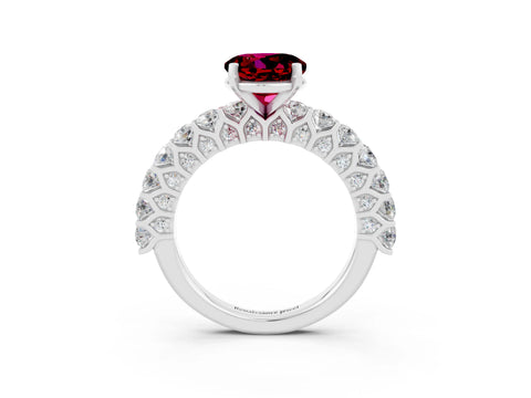 White gold Round Cut Garnet Solitaire Ring with Shared Prong Pavé Band and Four-Prong Setting_3
