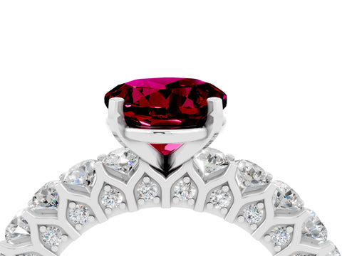 White gold Round Cut Garnet Solitaire Ring with Shared Prong Pavé Band and Four-Prong Setting_4