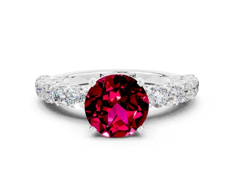 White gold Round Cut Garnet Solitaire Ring with Shared Prong Pavé Band and Four-Prong Setting