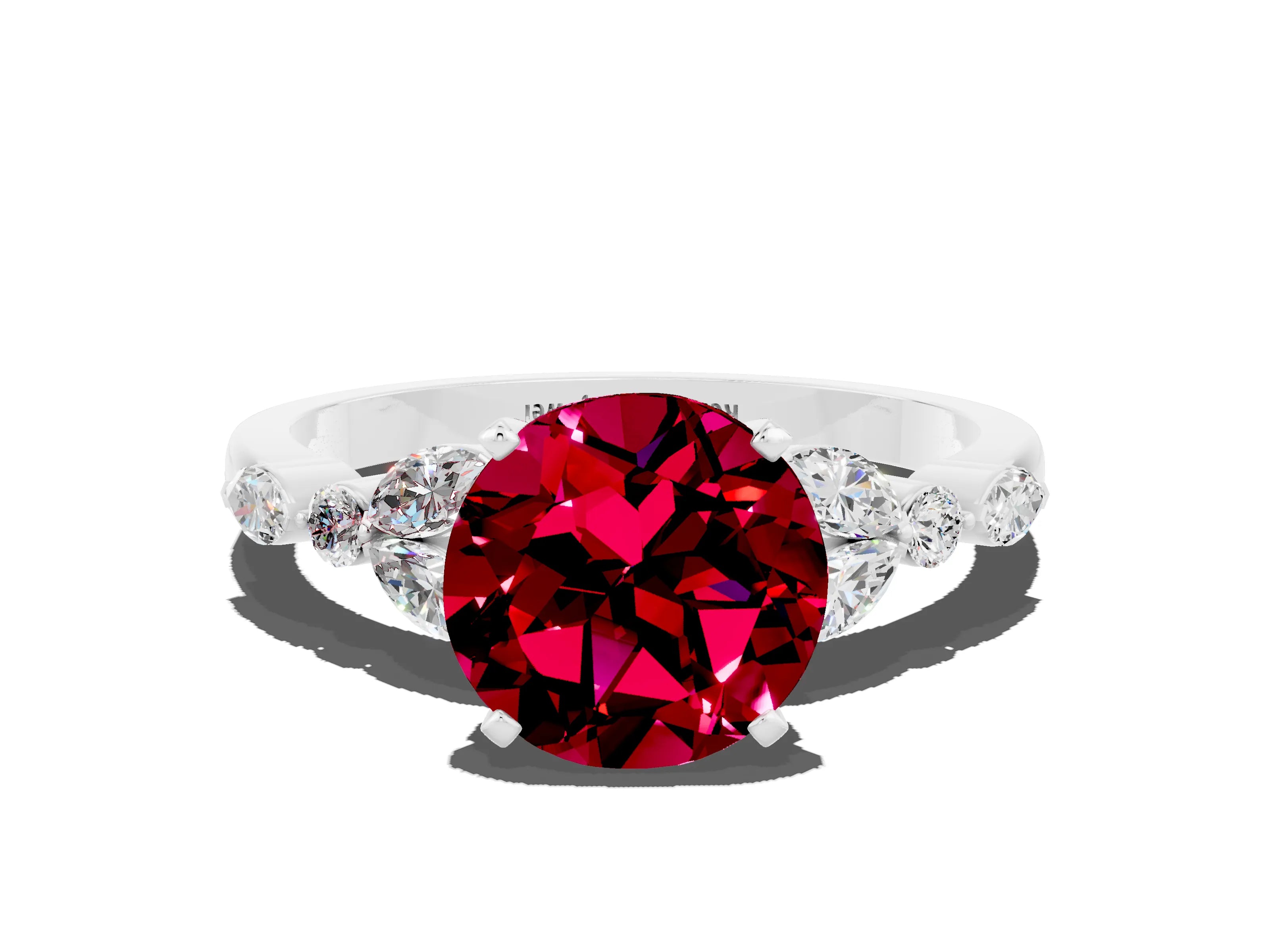 White gold Round Cut Garnet Solitaire Ring with Side Stones and Four-Prong Setting_12