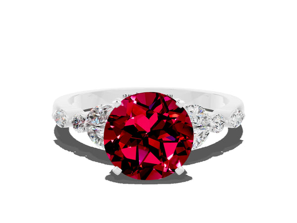 Silver Round Cut Garnet Solitaire Ring with Side Stones and Four-Prong Setting