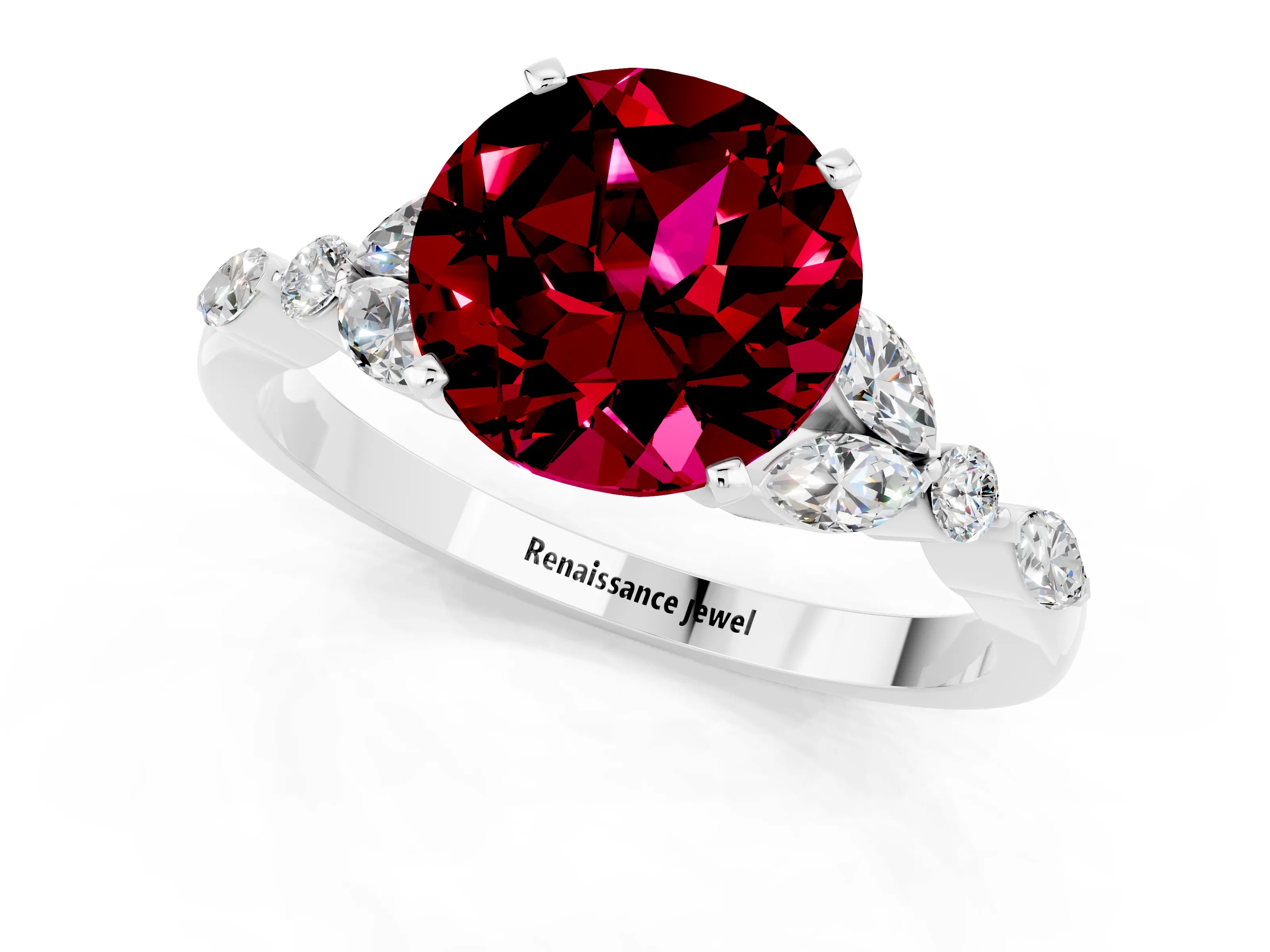 White gold Round Cut Garnet Solitaire Ring with Side Stones and Four-Prong Setting_13