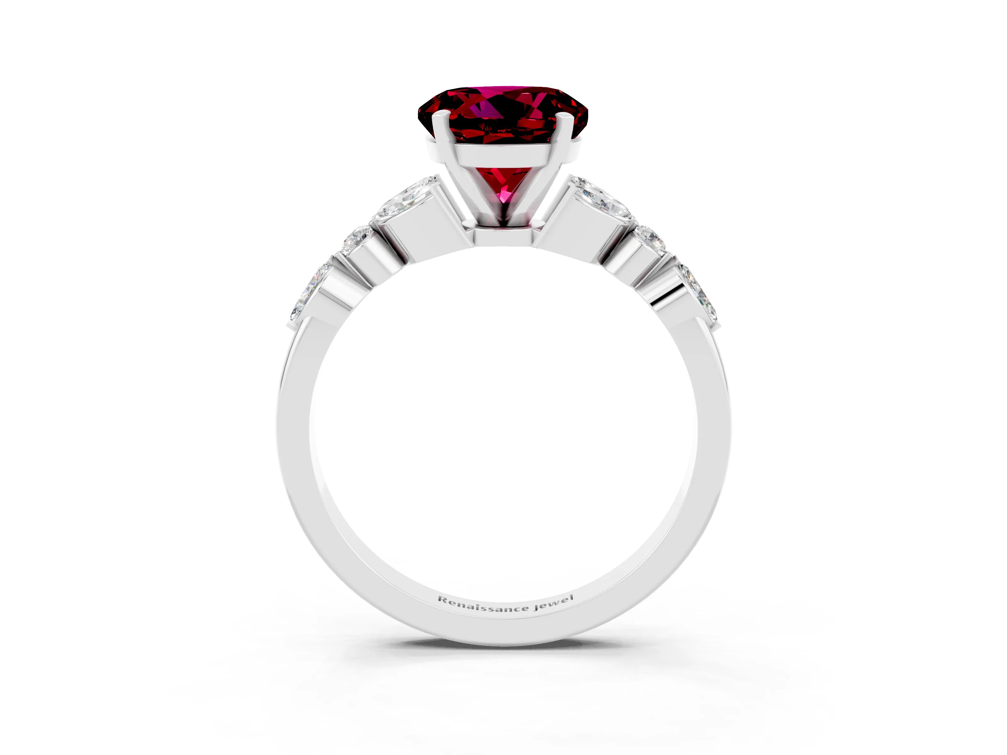 White gold Round Cut Garnet Solitaire Ring with Side Stones and Four-Prong Setting_15