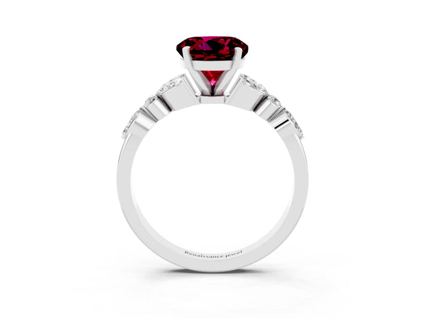 White gold Round Cut Garnet Solitaire Ring with Side Stones and Four-Prong Setting