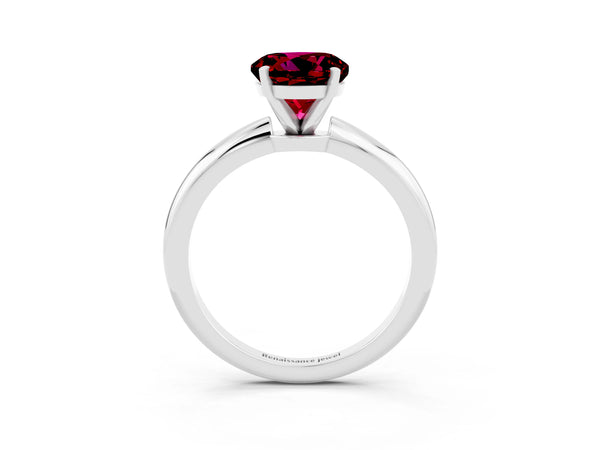 White gold Round Cut Garnet Solitaire Ring with Six-Prong Setting and Classic Band
