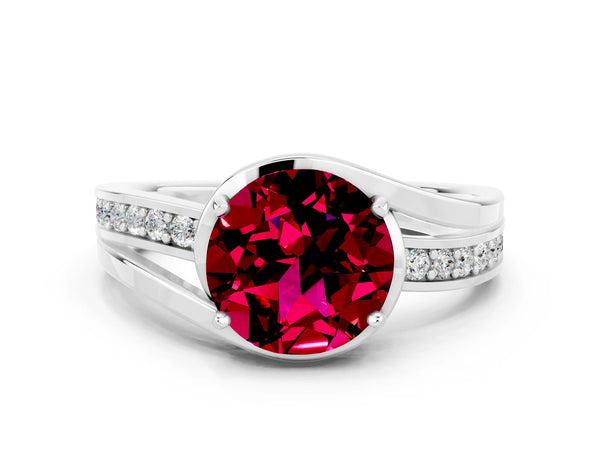 Platinum Round Cut Garnet Solitaire Ring with Split Shank and Prong Setting
