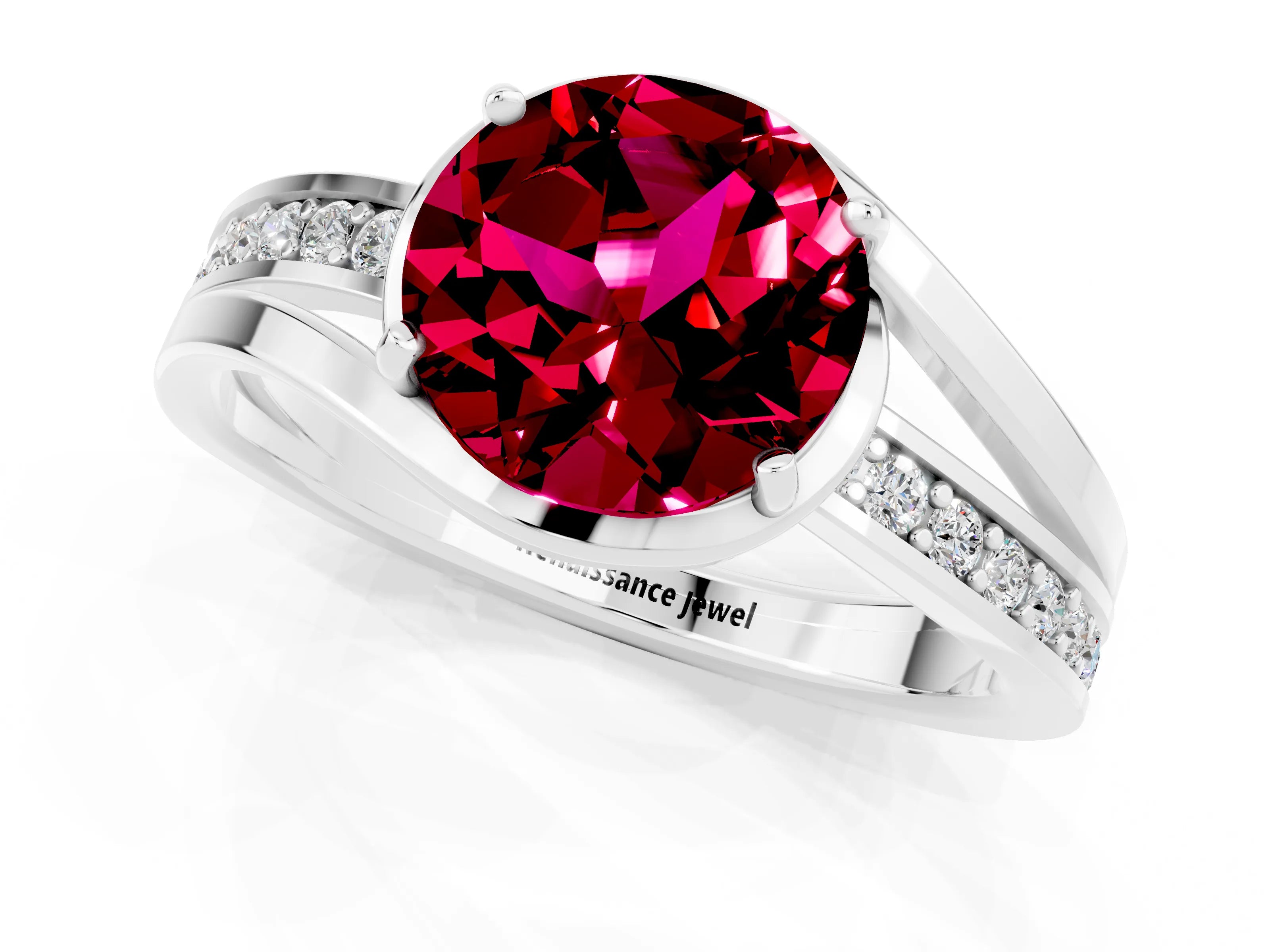 White gold Round Cut Garnet Solitaire Ring with Split Shank and Prong Setting_1