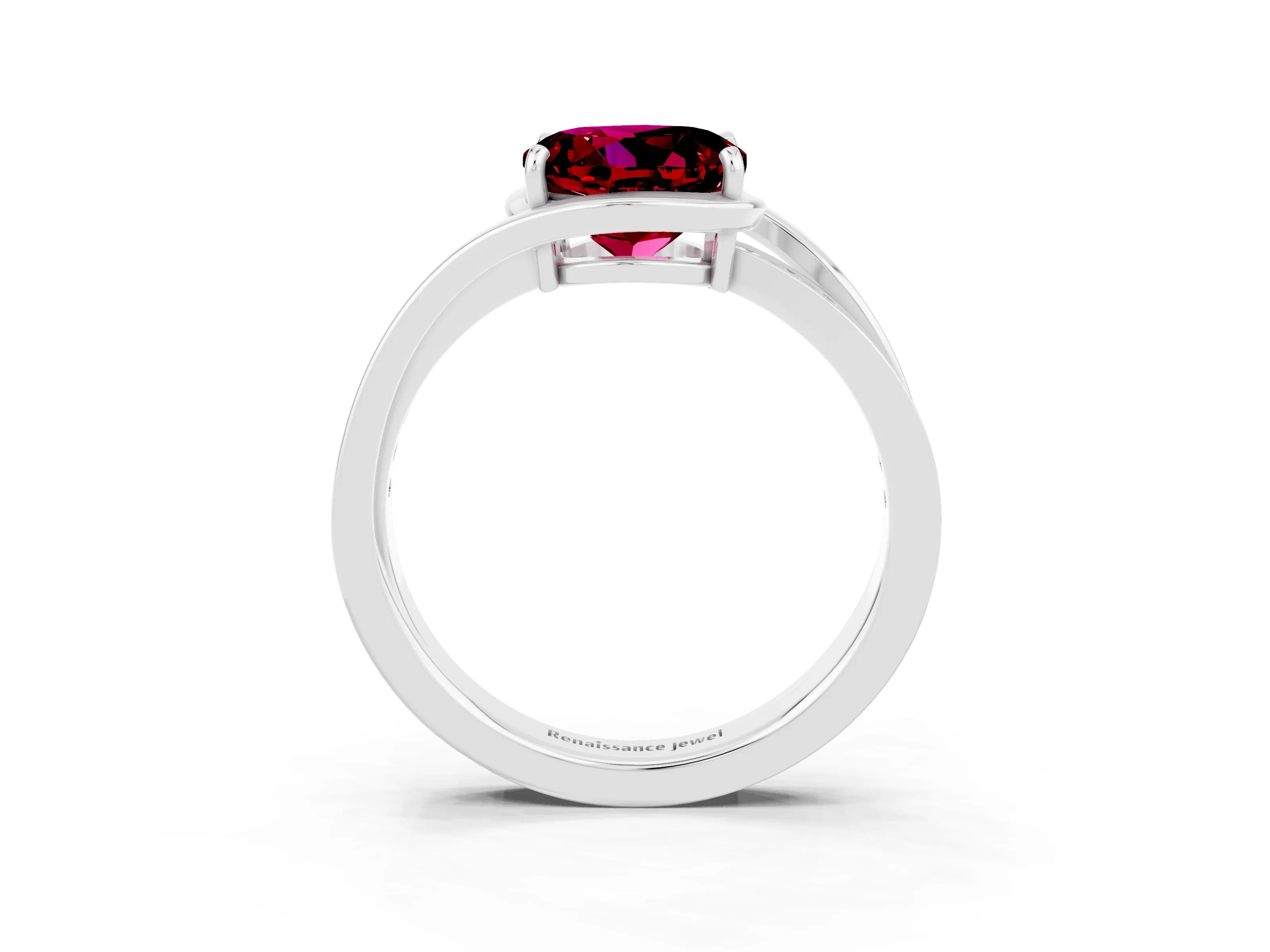 White gold Round Cut Garnet Solitaire Ring with Split Shank and Prong Setting_3