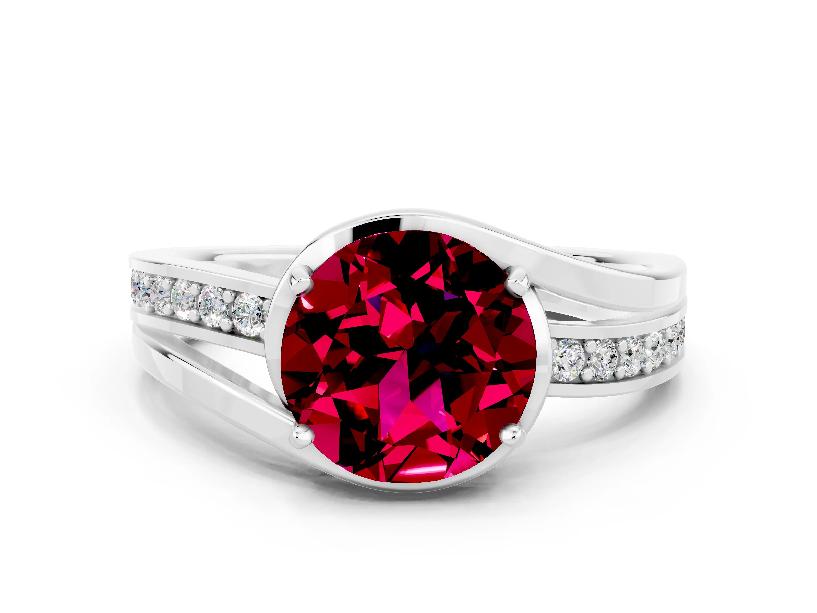 White gold Round Cut Garnet Solitaire Ring with Split Shank and Prong Setting
