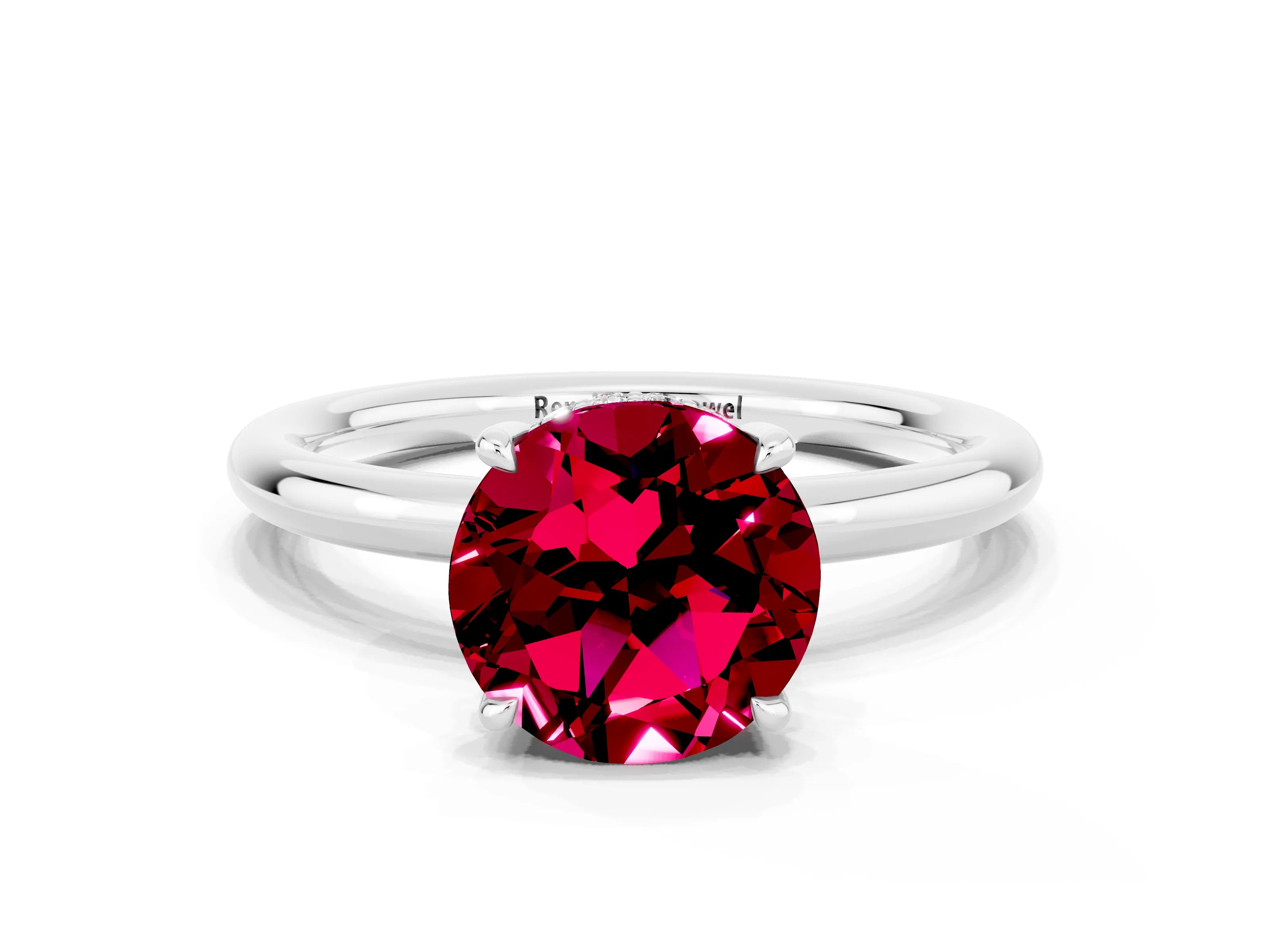 White gold Round Cut Garnet Solitaire Ring with Thin Band and Four-Prong Setting_12
