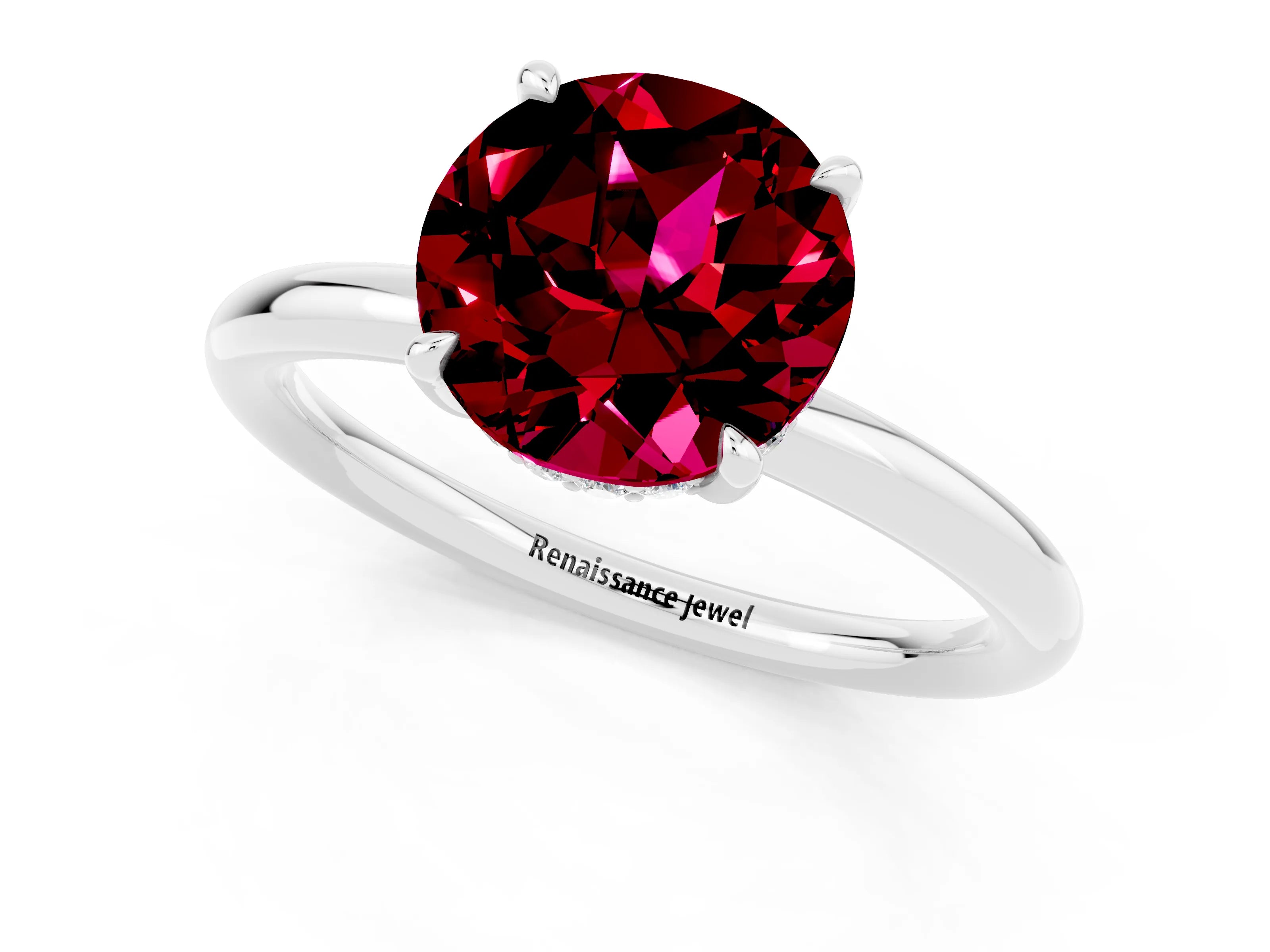 White gold Round Cut Garnet Solitaire Ring with Thin Band and Four-Prong Setting_13