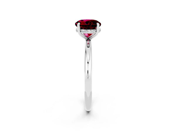 Silver Round Cut Garnet Solitaire Ring with Thin Band and Four-Prong Setting