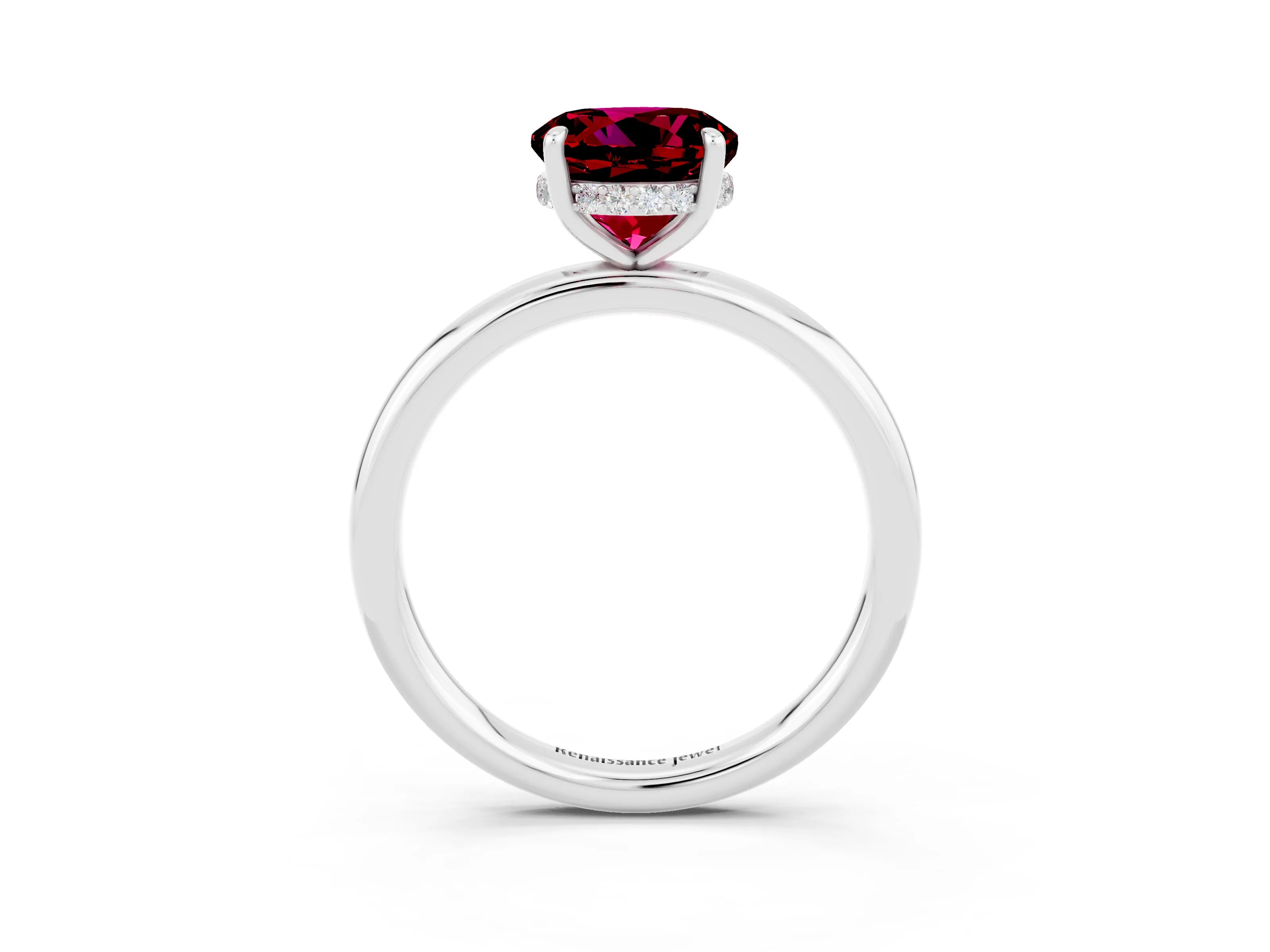 White gold Round Cut Garnet Solitaire Ring with Thin Band and Four-Prong Setting_15