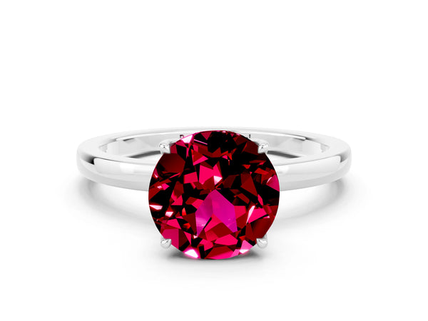 Silver Round Cut Garnet Solitaire Ring with Thin Band and Prong Setting