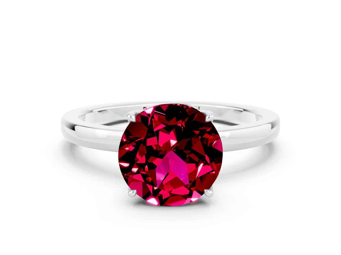 White gold Round Cut Garnet Solitaire Ring with Thin Band and Prong Setting_12