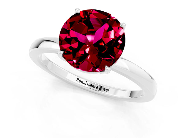 Platinum Round Cut Garnet Solitaire Ring with Thin Band and Prong Setting