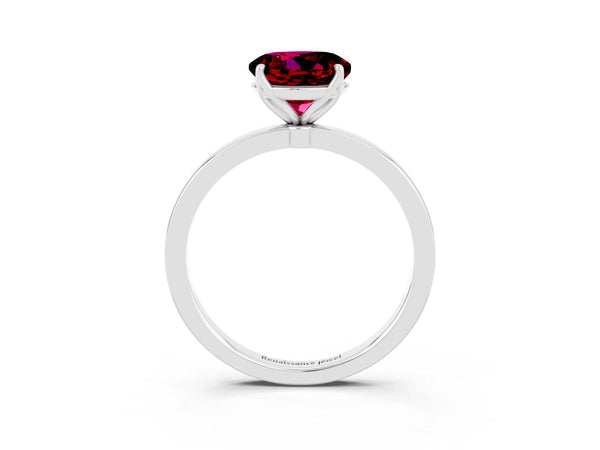 Platinum Round Cut Garnet Solitaire Ring with Thin Band and Prong Setting