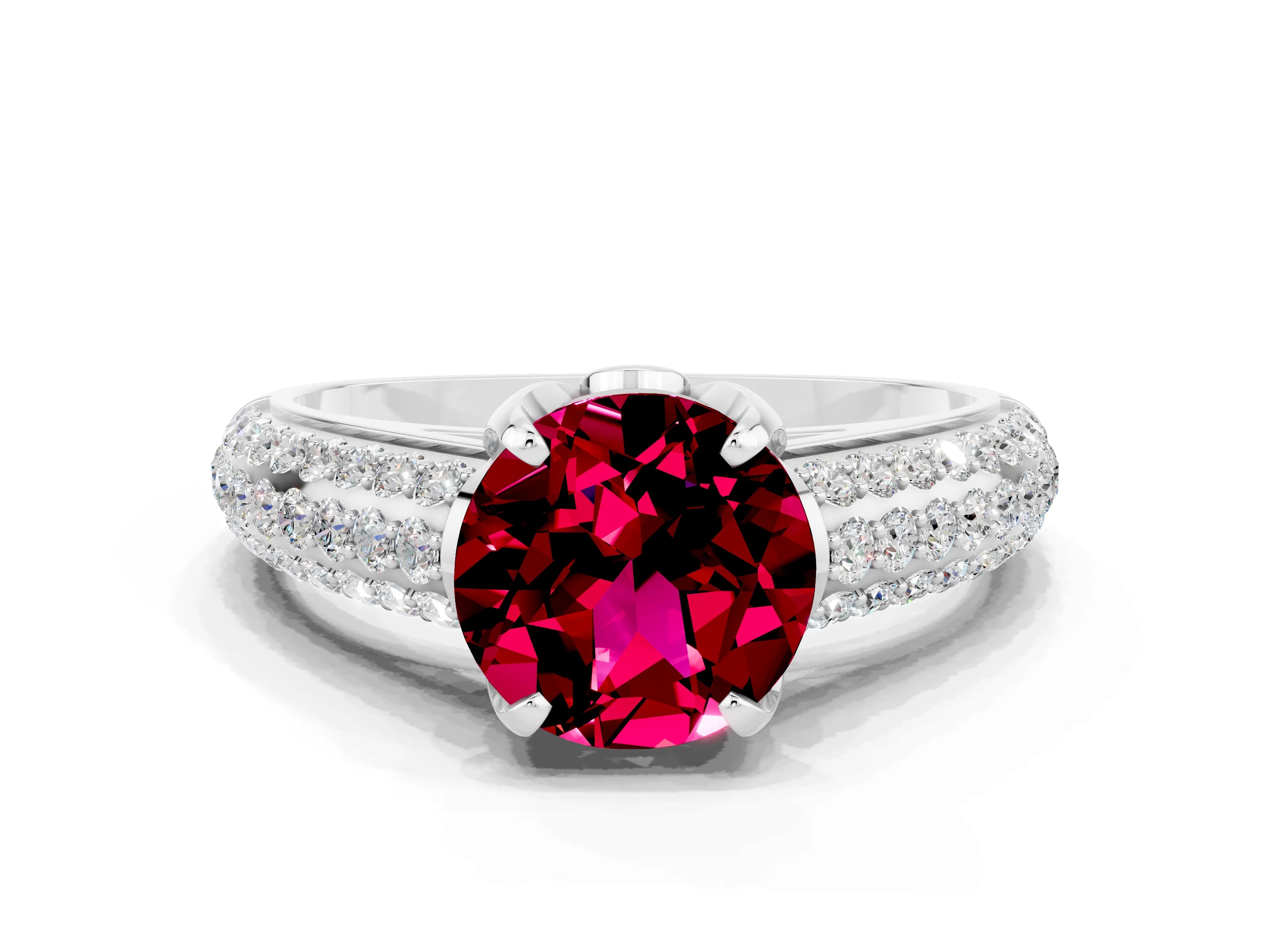 White gold Round Cut Garnet Solitaire Ring with Three-Row Pavé Band and Four-Prong Setting_12
