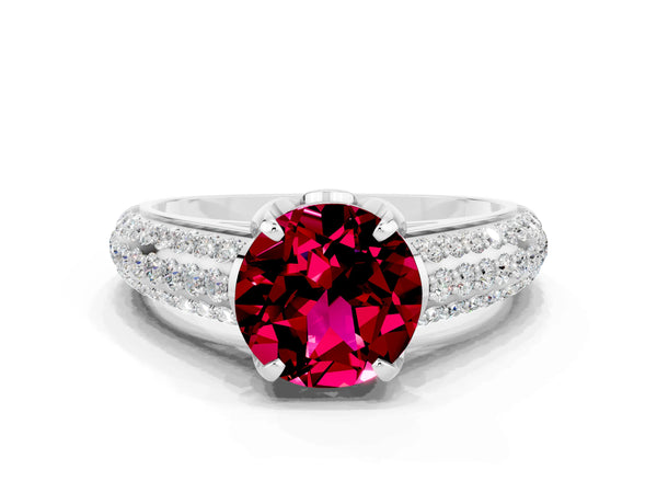 White gold Round Cut Garnet Solitaire Ring with Three-Row Pavé Band and Four-Prong Setting