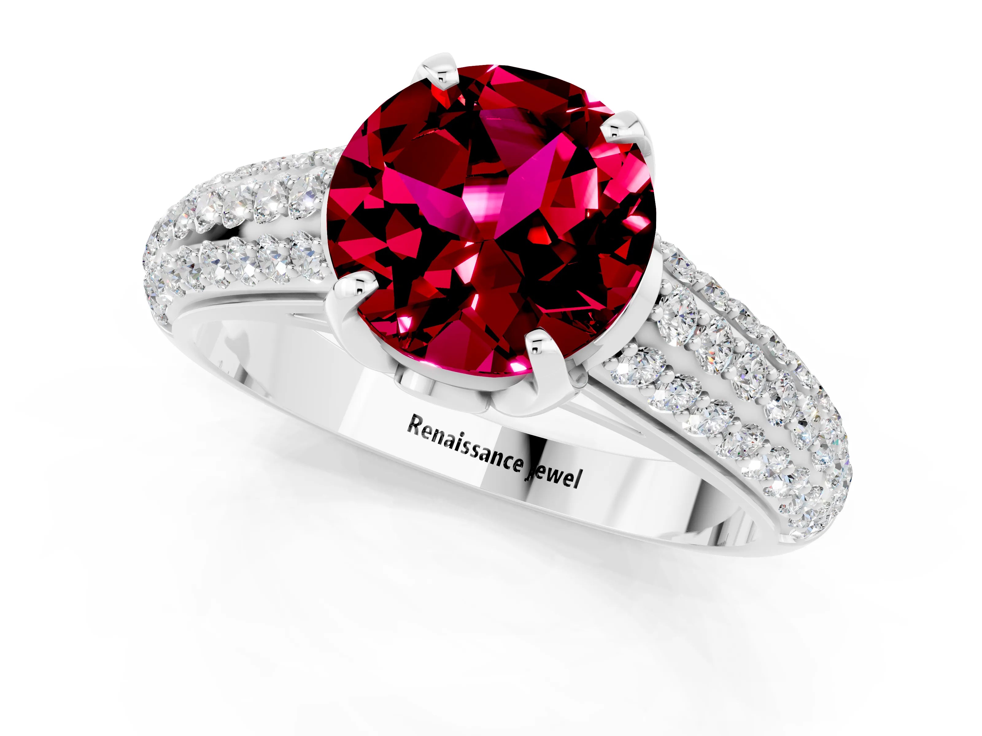 White gold Round Cut Garnet Solitaire Ring with Three-Row Pavé Band and Four-Prong Setting_13