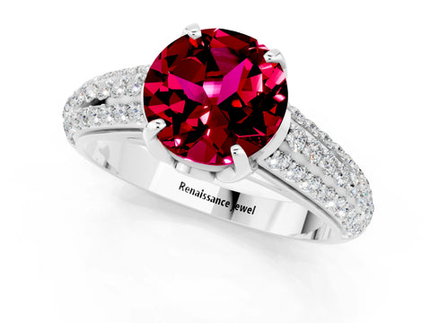 White gold Round Cut Garnet Solitaire Ring with Three-Row Pavé Band and Four-Prong Setting_13