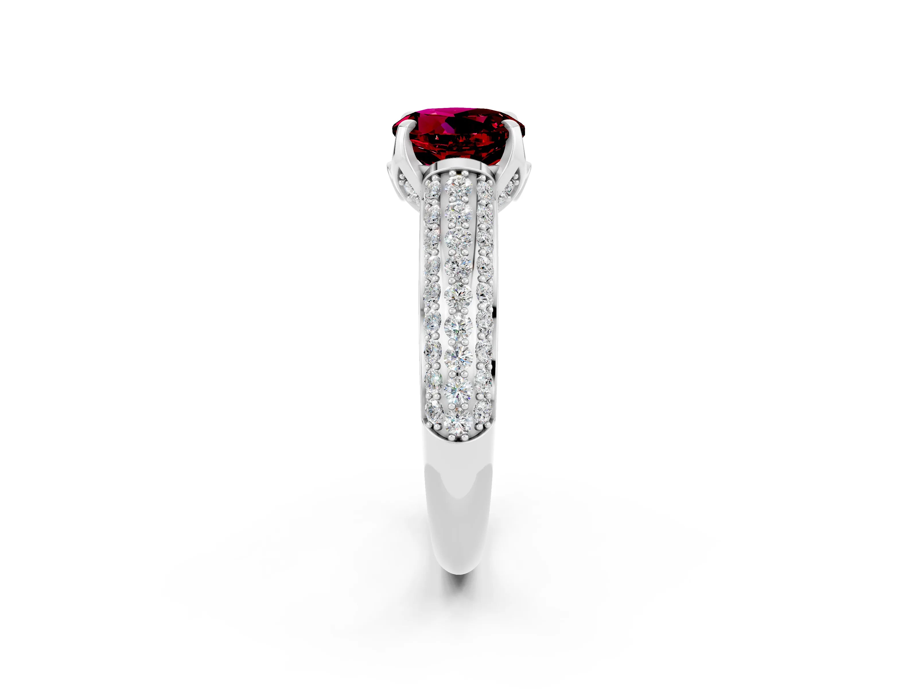 White gold Round Cut Garnet Solitaire Ring with Three-Row Pavé Band and Four-Prong Setting_14