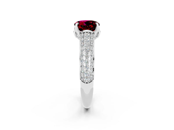 White gold Round Cut Garnet Solitaire Ring with Three-Row Pavé Band and Four-Prong Setting
