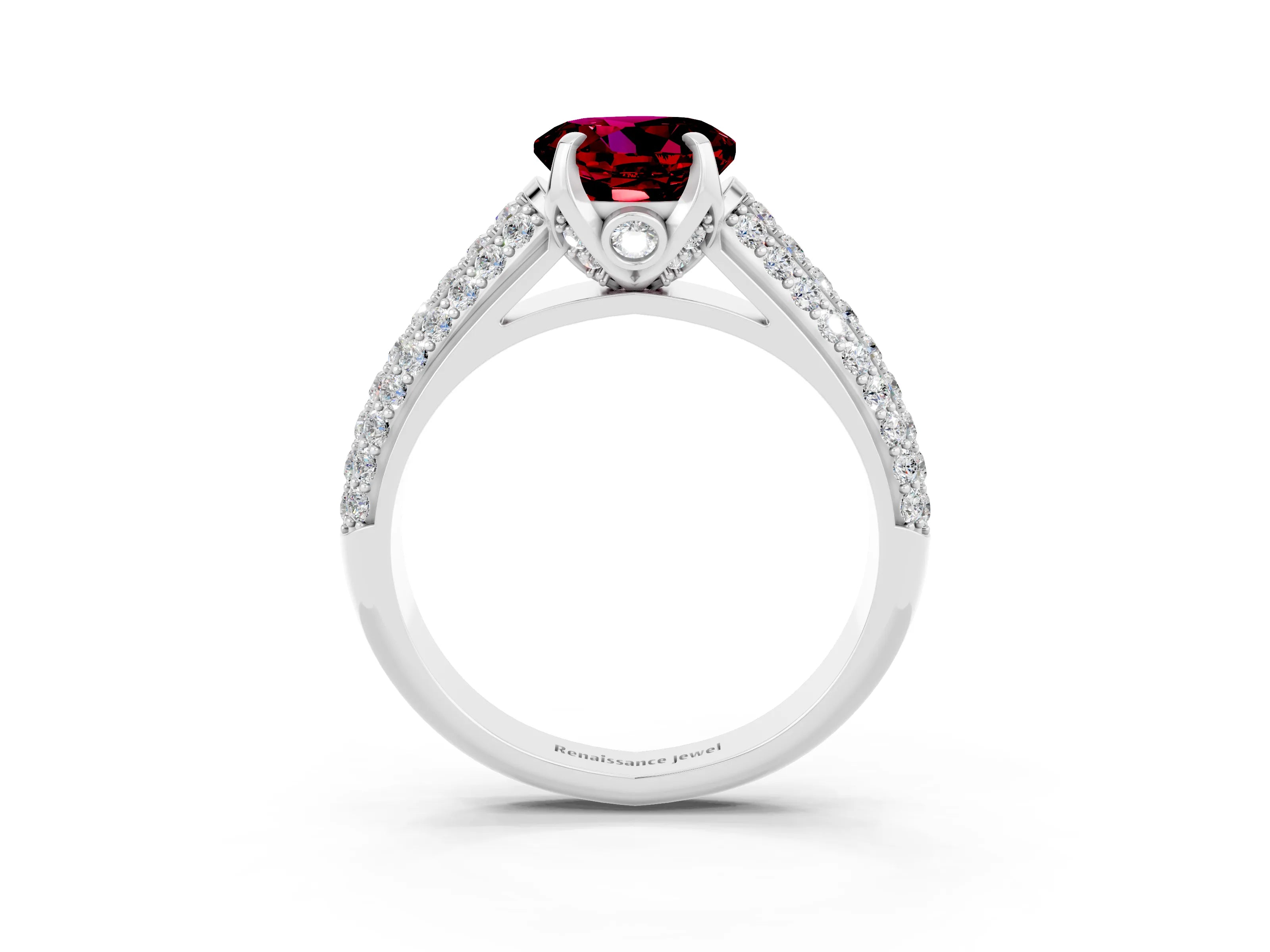 White gold Round Cut Garnet Solitaire Ring with Three-Row Pavé Band and Four-Prong Setting_15