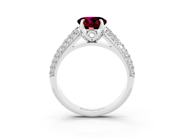 White gold Round Cut Garnet Solitaire Ring with Three-Row Pavé Band and Four-Prong Setting