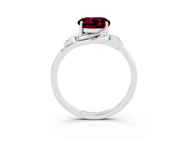 Platinum Round Cut Garnet Solitaire Ring with Twist Band and Four-Prong Setting