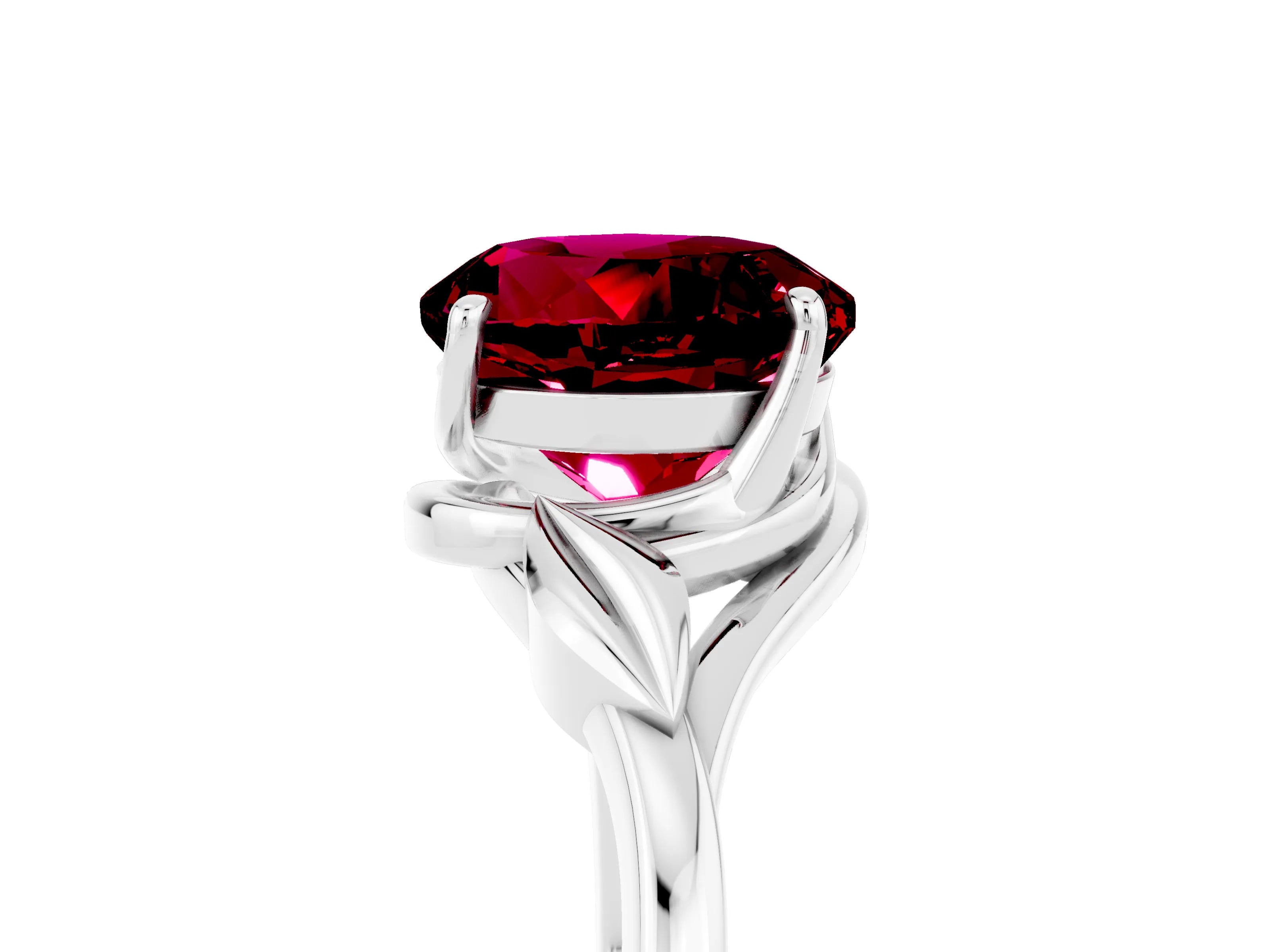 White gold Round Cut Garnet Solitaire Ring with Twist Band and Four-Prong Setting_17
