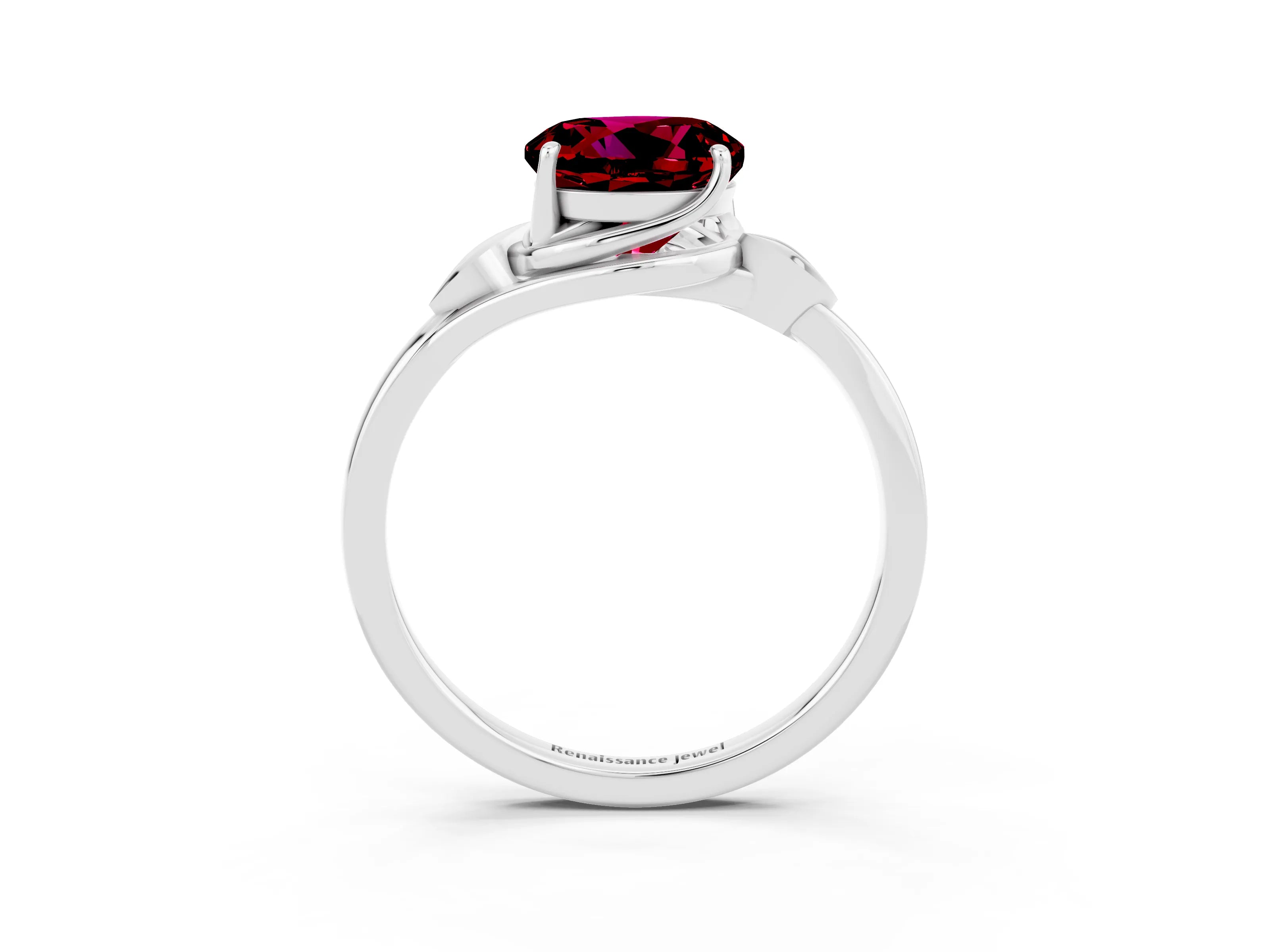White gold Round Cut Garnet Solitaire Ring with Twist Band and Four-Prong Setting_39