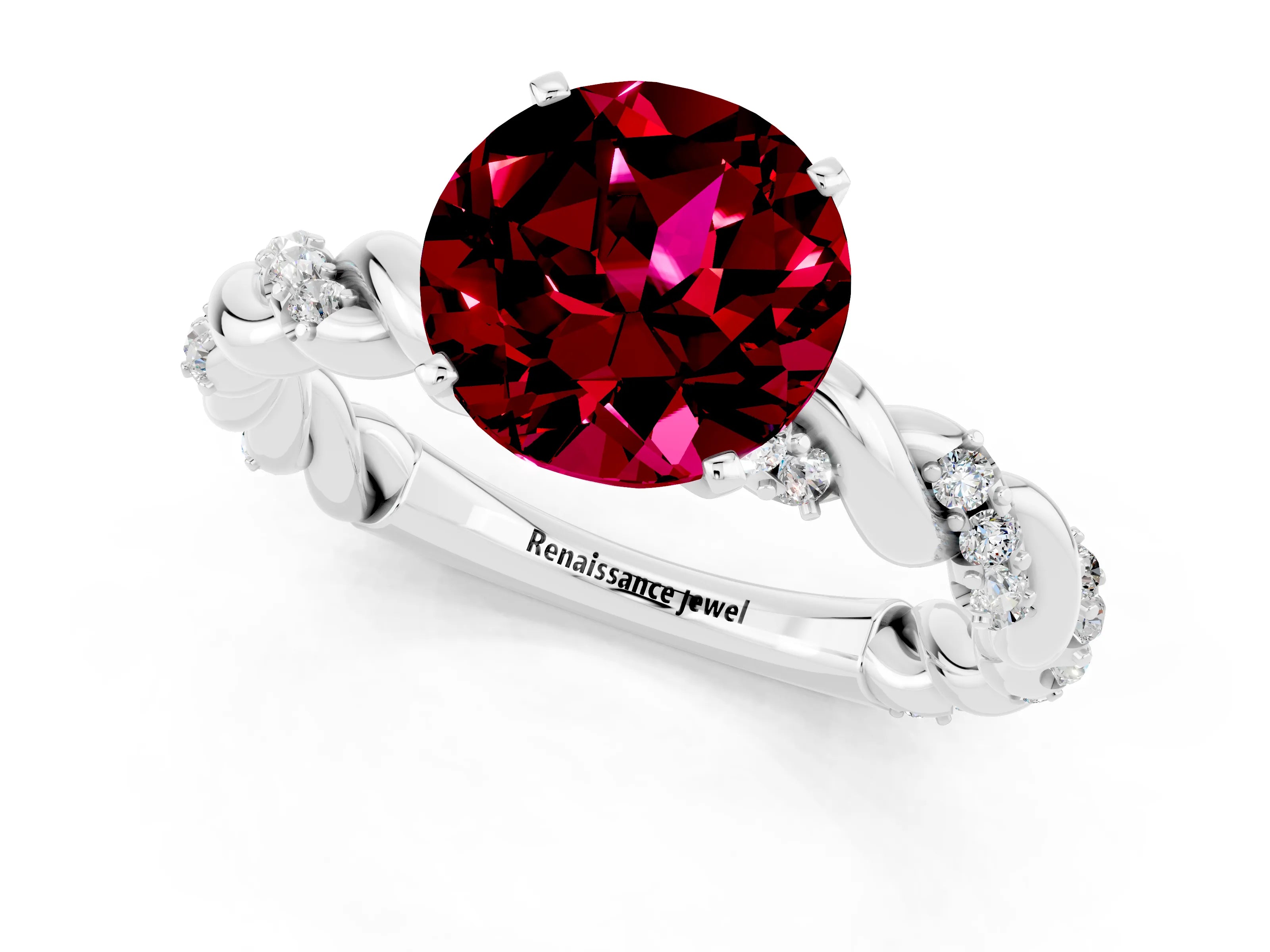 White gold Round Cut Garnet Solitaire Ring with Twisted Band and Pavé Accents_1