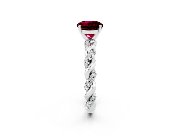 Platinum Round Cut Garnet Solitaire Ring with Twisted Band and Pavé Accents