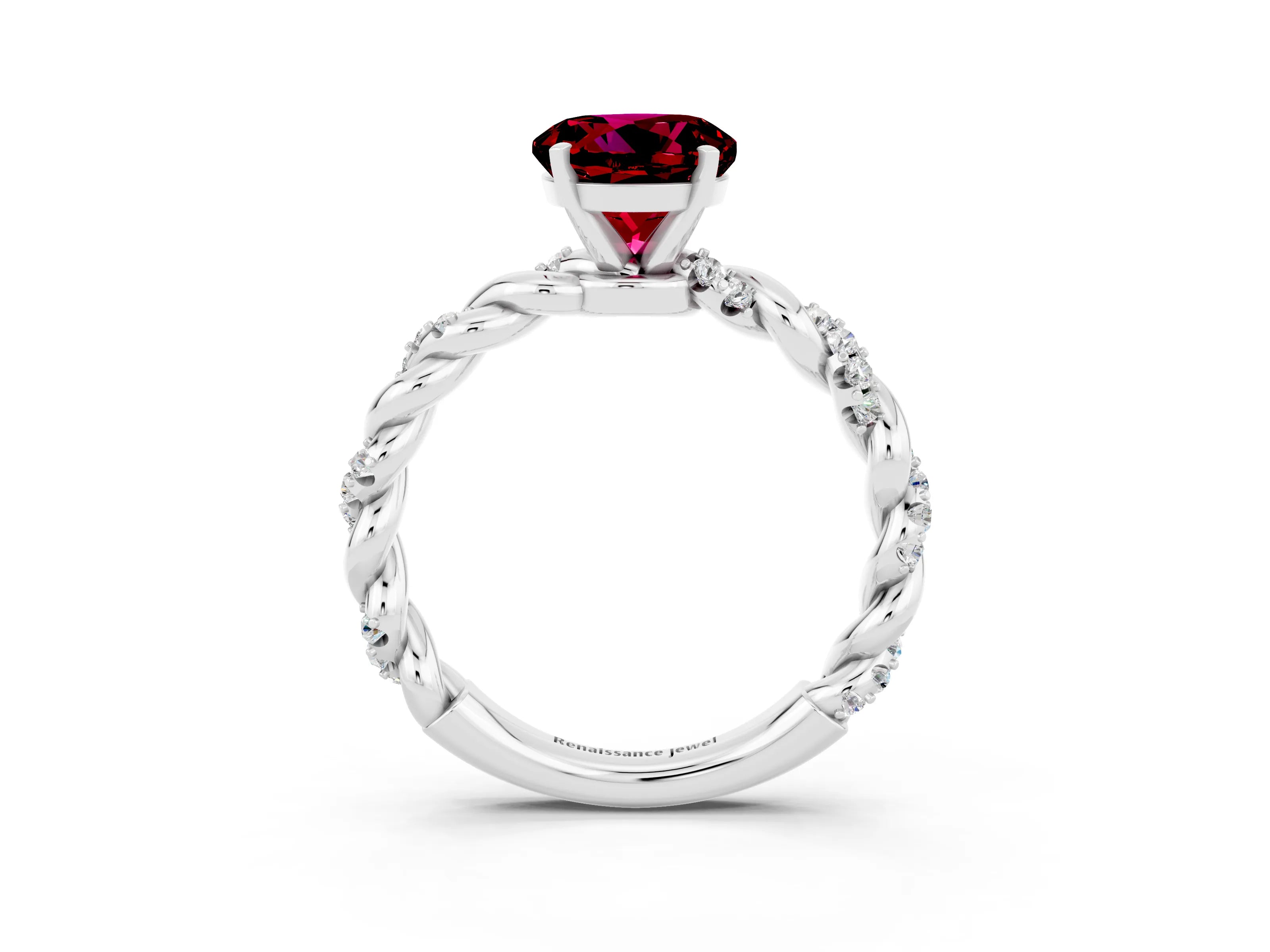 White gold Round Cut Garnet Solitaire Ring with Twisted Band and Pavé Accents_3