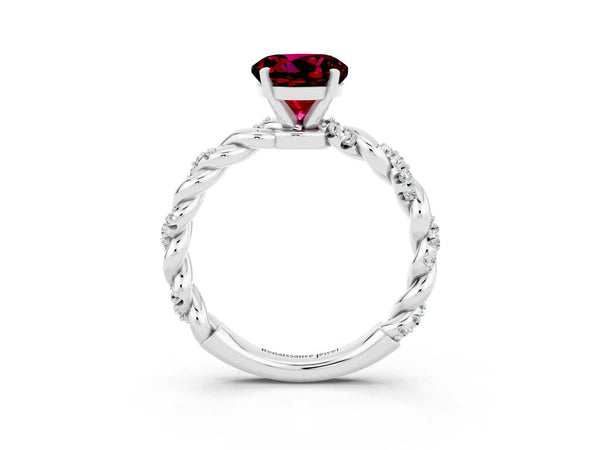 White gold Round Cut Garnet Solitaire Ring with Twisted Band and Pavé Accents