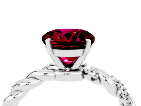 White gold Round Cut Garnet Solitaire Ring with Twisted Band and Pavé Accents_4