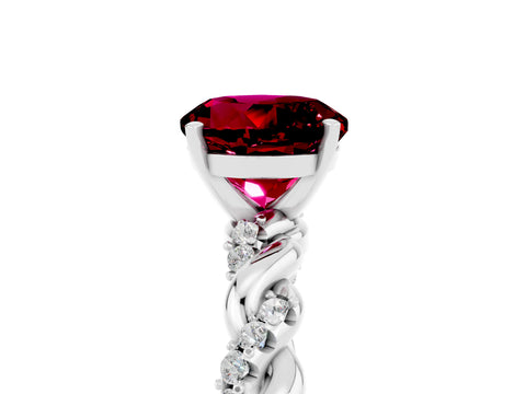White gold Round Cut Garnet Solitaire Ring with Twisted Band and Pavé Accents_5