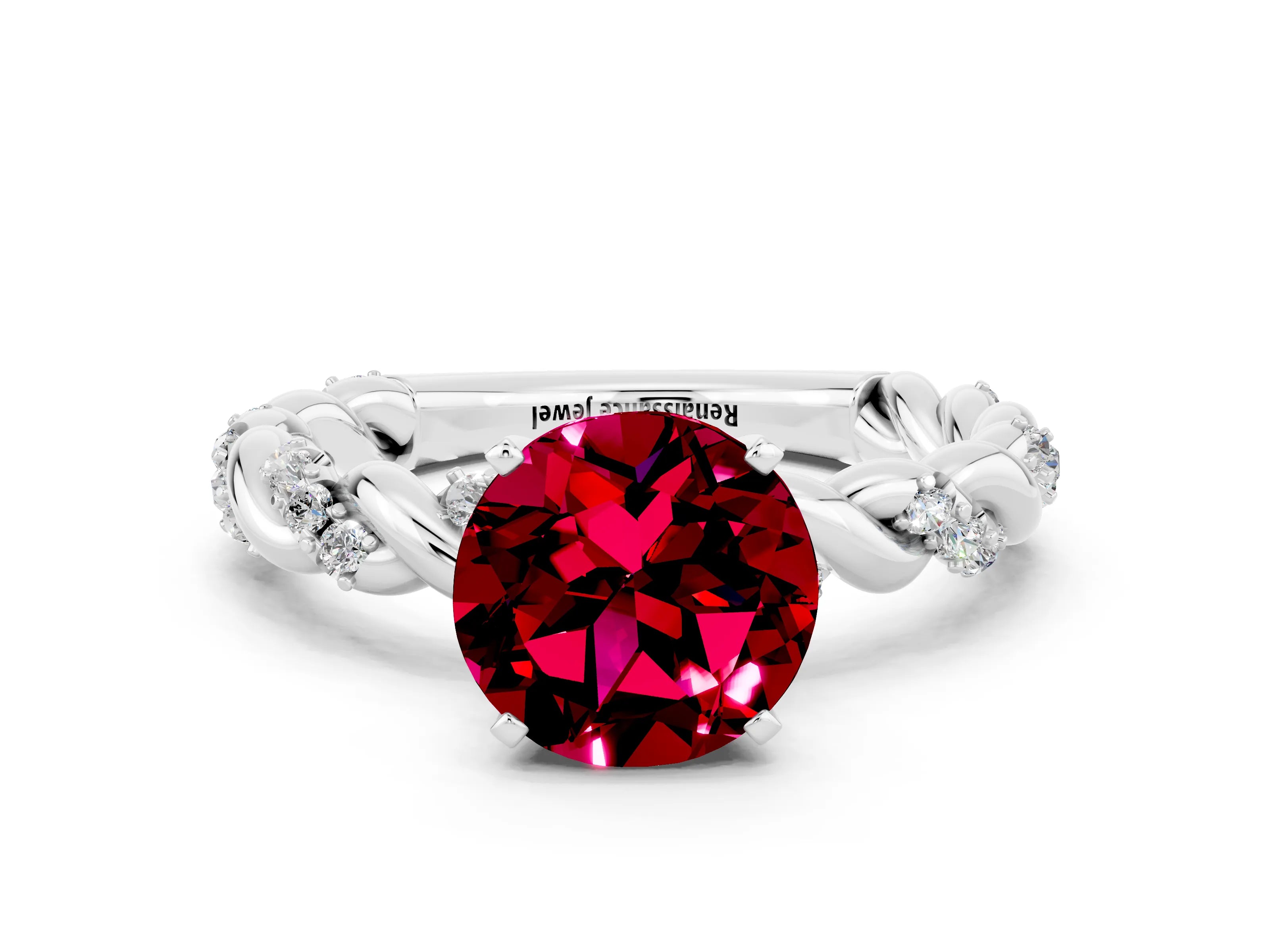 White gold Round Cut Garnet Solitaire Ring with Twisted Band and Pavé Accents