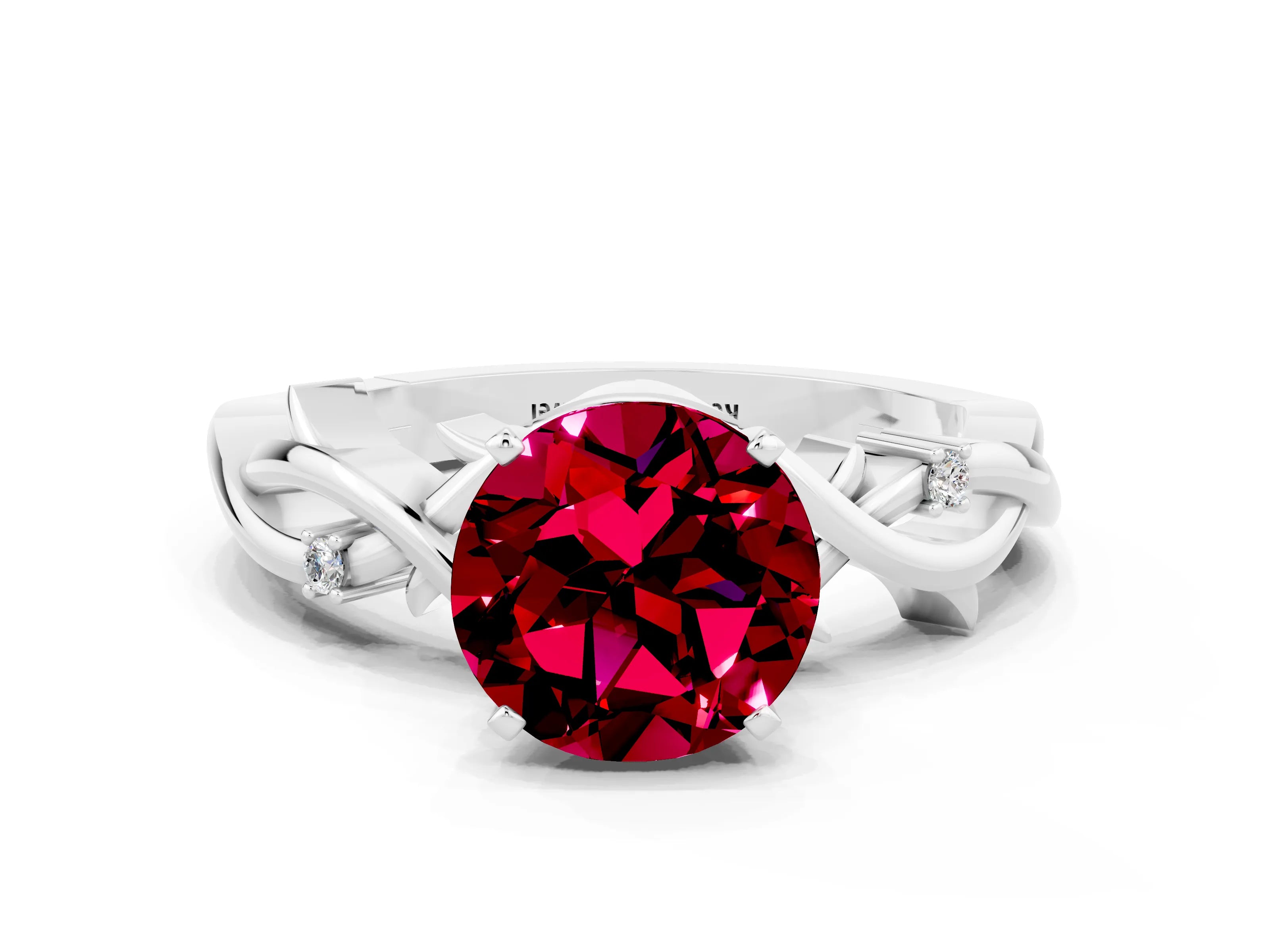 White gold Round Cut Garnet Solitaire Ring with Twisted Band and Prong Setting
