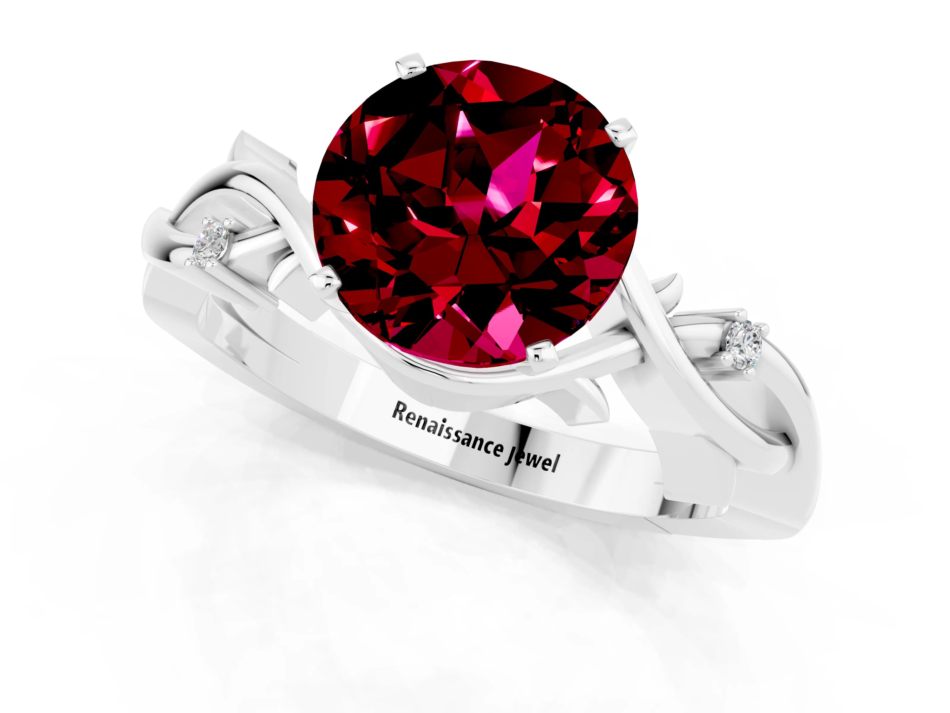 White gold Round Cut Garnet Solitaire Ring with Twisted Band and Prong Setting_13