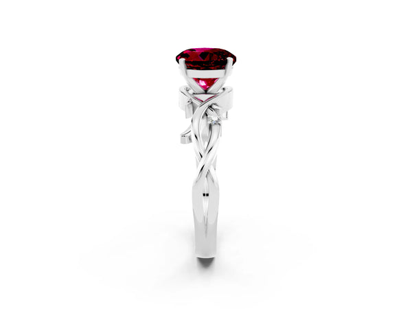 White gold Round Cut Garnet Solitaire Ring with Twisted Band and Prong Setting