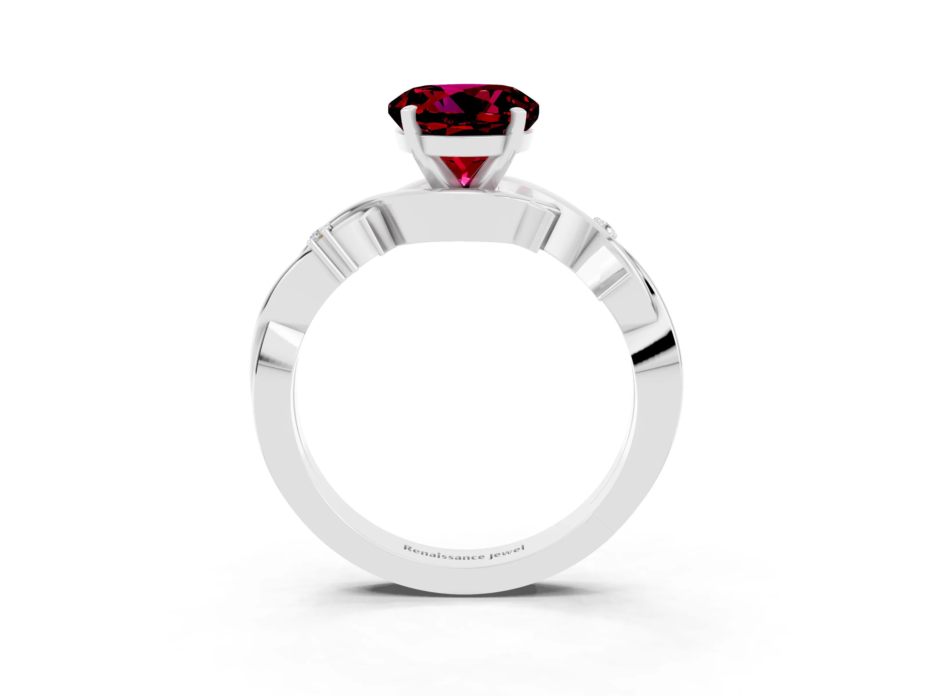 White gold Round Cut Garnet Solitaire Ring with Twisted Band and Prong Setting_15