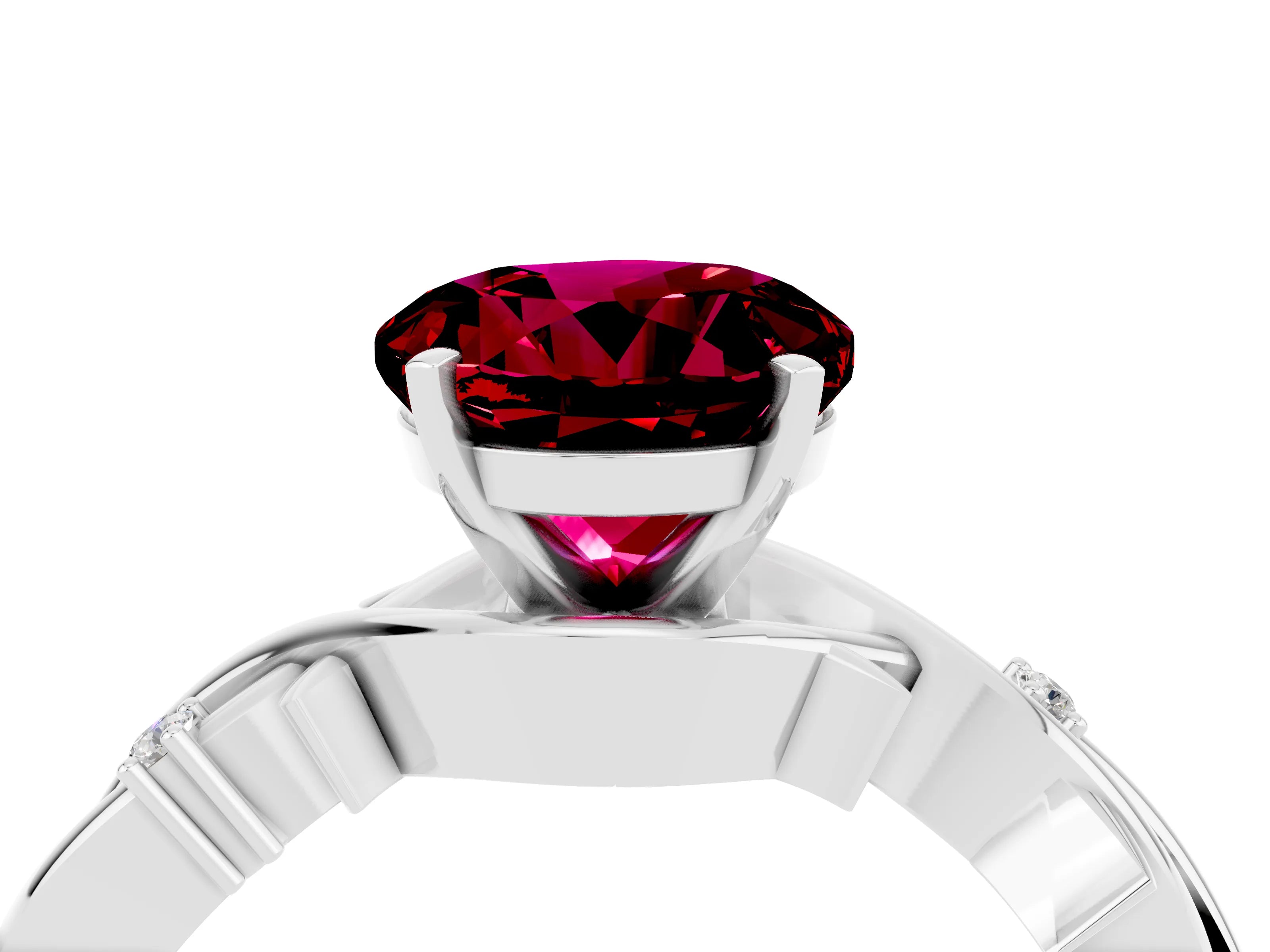White gold Round Cut Garnet Solitaire Ring with Twisted Band and Prong Setting_16