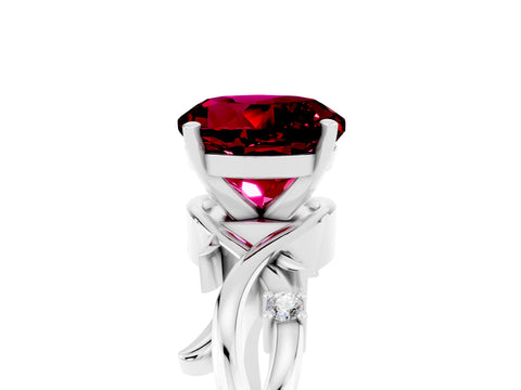 White gold Round Cut Garnet Solitaire Ring with Twisted Band and Prong Setting_17