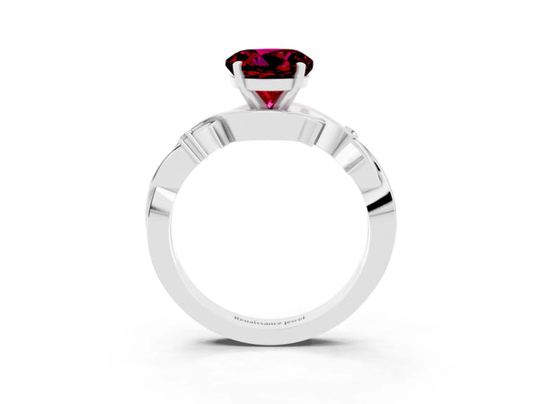 Platinum Round Cut Garnet Solitaire Ring with Twisted Band and Prong Setting
